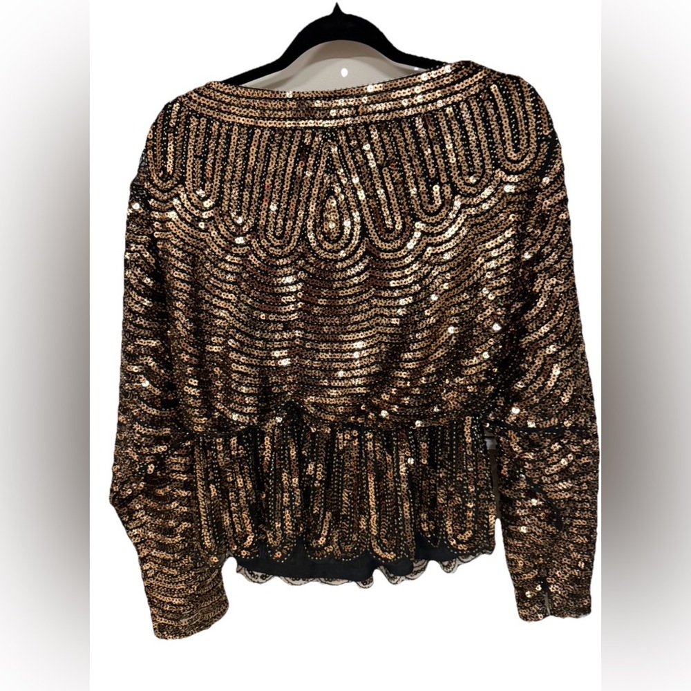 ENDLESS ROSE Long Sleeve V-Neck Gold Black Ruffled Hem Sequins Evening Top Sz M - Picture 2 of 8
